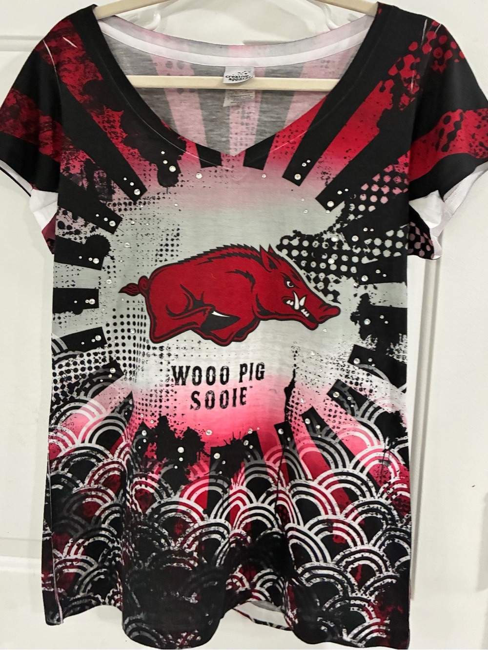 Razorbacks V-Neck Graphic Tee - Red, Black, White with rhinestones